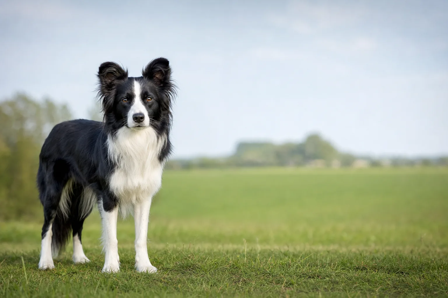 Adult Border Collie with a classic black and white coat standing in a meadow, showing the breed's semi-erect ears and medium-length feathered coat